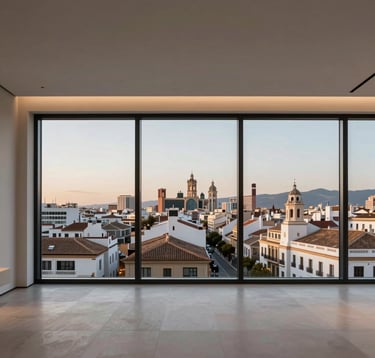 The interior of a premium penthouse with floor-to-ceiling windows showing a panoramic view of a sophisticated Spanish city skyline at twilight. Minimalist interior design with grey and cream tones, emphasizing open space and exclusive architecture. Spanish-speaking / Iberian Peninsula.