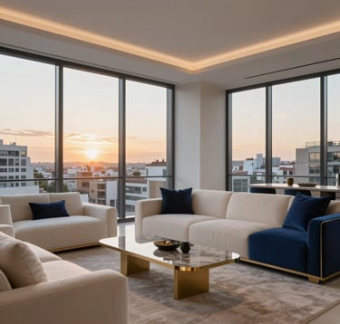 Interior of a high-end minimalist penthouse living room in a major city of the Spanish-speaking / Iberian Peninsula. Large floor-to-ceiling windows show a panoramic sunset view. The room is decorated with sophisticated furniture in cream white and navy blue fabrics with subtle gold decorative elements.
