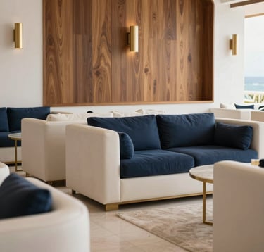 Luxury lifestyle photography of a sophisticated lounge area in an upscale Spanish-speaking / Iberian Peninsula coastal club. Minimalist furniture in cream white and navy blue tones. The composition is clean and airy, with soft natural light highlighting the elegant textures of wood and gold accents.