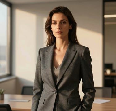 Professional portrait of a female executive with an elegant and confident demeanor, wearing a charcoal gray blazer. She is in a minimalist office setting in Spain, with soft golden hour light hitting the background architecture.