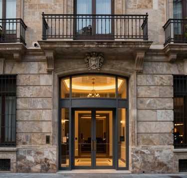 A close-up architectural shot of a renovated historical building entrance in a premium city district of the Spanish-speaking / Iberian Peninsula. The design combines traditional stone with modern gray steel and glass elements, illuminated by warm gold accent lighting at dusk.