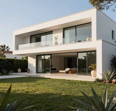 Exterior shot of a modern minimalist villa during a bright afternoon. The architecture features clean white lines, large glass facades, and a manicured Mediterranean garden. Professional architectural photography style. Spanish-speaking / Iberian Peninsula.