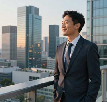 A realistic, professional photograph of a confident individual smiling, looking out over a beautiful modern city skyline in Central Europe from a high-rise balcony. The lighting is early morning golden hour, symbolizing optimism and success. Clean and professional corporate style, with soft blue and teal tones in the background glass reflections.