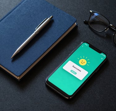 A flat lay photograph of neat workspace elements on a dark desk: a stylish notebook with a pen, a modern smartphone showing a success notification, and a pair of spectacles. The color scheme is premium, dominated by deep midnight blue and bright teal highlights. Soft, elegant lighting.
