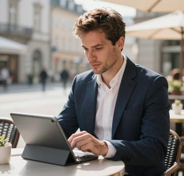 A polished real-world photograph of a professional man in a smart-casual blazer sitting at an elegant outdoor cafe in a Central European / German city, working productively on a modern tablet. Relaxed yet focused expression, morning sunlight, soft depth of field.