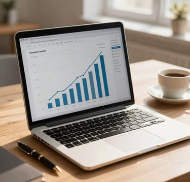Professional close-up photography of a sleek, modern laptop displaying rising success charts, with a luxury pen and a warm cup of coffee nearby on a tidy light wooden desk. Central European home office setting, warm, motivating sunlight filtering through a window, clean composition.