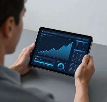 An over-the-shoulder view of a determined professional reviewing positive upward-trending abstract digital dashboard charts on a modern tablet. Minimalist interior with clean, professional aesthetics. Soft studio lighting with steel blue and dark navy blue tones.
