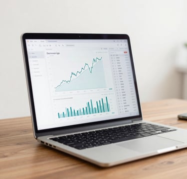 A high-quality close-up photograph of a sleek modern laptop on a solid wood desk in a bright Central European / German home office. On the screen, a clear and tidy dashboard with upward-trending financial charts. Sophisticated lighting, clean, minimalist composition with soft off-white background.