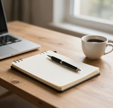 A stylish, professional photograph of a premium, clean home office desk setup with a high-end notepad, a stylish pen, and a cup of coffee. Warm natural light coming through a large window, suggesting a peaceful, self-determined work environment in Central European / German style.