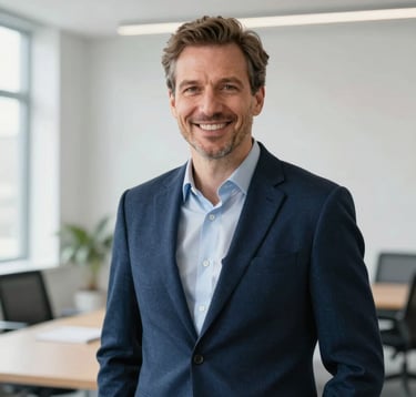 A premium professional portrait of Peter Hug, a male German business consultant in his late 30s, wearing a smart-casual navy blue blazer, smiling warmly and confidently, in a bright, modern, minimalist office in Frankfurt, Germany. Soft, natural light, high-end corporate photography style.