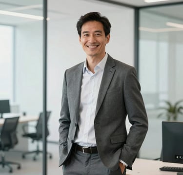 A professional business portrait of a male mentor in smart-casual business attire, smiling warmly and confidently. He is standing in a bright, modern, minimalist Central European office with glass walls, indicating transparency and professional trust. Soft neutral lighting, featuring a clean color palette of white, slate gray, and light mint.