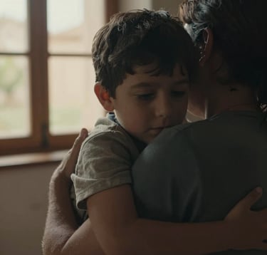 Close-up, cinematic photograph focusing on the genuine expression of a child being hugged by a parent. The light is soft and warm, filtering through a window of a traditional Spanish home. The style is intimate and storytelling, capturing raw emotion. Elegant composition with deep charcoal and warm sand tones in the shadows. Iberian setting.