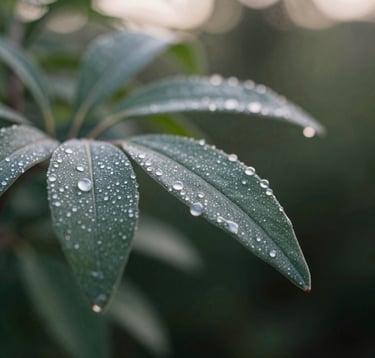 A macro photograph of morning dew on sage green leaves, reflecting the soft pearl white light of a Western European / French sunrise. Deep shadows in dark forest green create a sense of professional elegance and natural mystery.