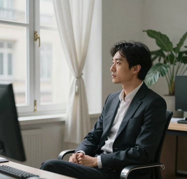 A mindful professional sitting in a bright Western European / French office environment, looking towards a window with pearl white curtains. The lighting is soft and inspiring, with sage green plants in the background.