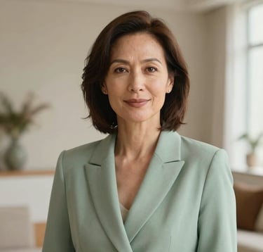 A professional portrait of a woman in her 40s with a kind and serene expression, wearing professional attire in soft sage green. She is in a bright, modern Western European / French studio with warm beige accents, looking directly at the camera.