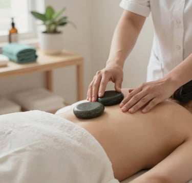 A professional photography of a relaxing holistic treatment in a bright Western European / French wellness studio. Soft-focus shot of a therapist's hands using smooth stones on a back, with Airy Alabaster Cream linens and Muted Sage Teal decorative accents. The lighting is soft and natural, emphasizing a serene atmosphere.