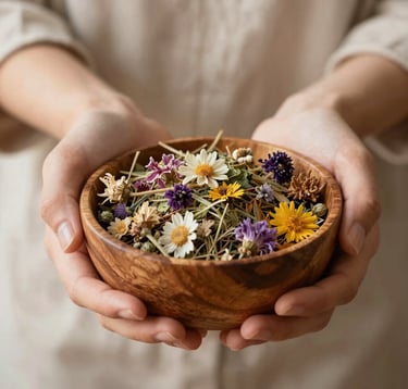 Close-up photography of a person's hands holding a wooden bowl filled with dried organic herbs and flowers. Soft Linen background. Western European / French setting. Calm and serene studio lighting.