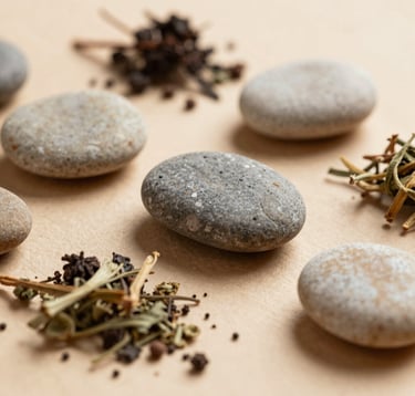 An artistic close-up photograph of natural elements used in holistic therapy: dried herbs and smooth stones on a warm beige surface. The lighting is soft and natural, emphasizing textures and a sense of harmony with nature in a Western European / French context.