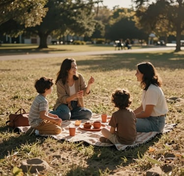 A candid, cinematic lifestyle photograph of a family of four having a playful picnic in a North American / US park during the late afternoon. The scene is bathed in warm, sun-drenched light. Authentic interactions and storytelling style. The environment features soft sand colored grass and deep charcoal shadows with warm terracotta picnic accessories.