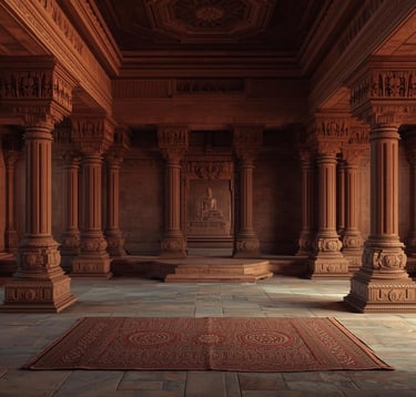 Ancient stone temple interior featuring ornate carved pillars and a central Buddha statue.