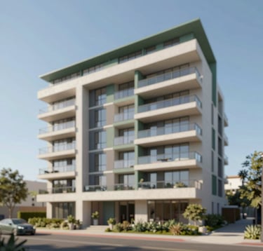 A sophisticated multi-dwelling development featuring three levels of luxury apartments. The design incorporates clean horizontal lines, muted green accents in #4A5759, and beige stone in #C8B8A3. Set against a clear blue Australian sky with professional landscaping.