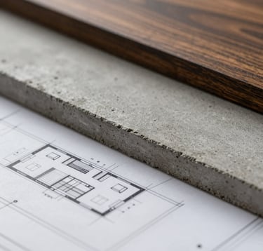 A macro shot of architectural blueprints layered over high-quality construction materials like polished concrete and dark oak. This represents precision and planning. Soft, focused lighting highlighting the fine details and textures of #C8B8A3.