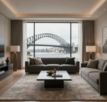 Wide shot of a finished luxury interior with a view of the Sydney Harbour Bridge through a massive window. The interior styling uses the brand palette: #F5F2ED walls, #212121 furniture accents, and #C8B8A3 rugs. The lighting is soft and natural.