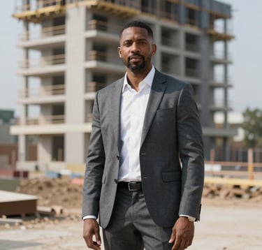 A professional portrait of Marcus Vance, a man in his 40s with an air of established trust. He is dressed in business casual attire, standing on a residential construction site with a high-end, partially finished modern structure in the background. The color palette emphasizes industrial slate #4A5759 and deep charcoal #212121.