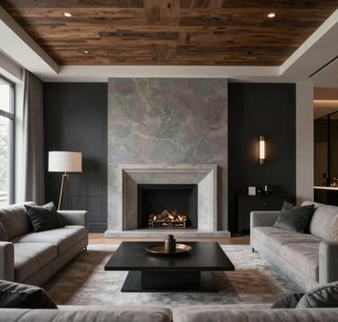 An interior shot of a luxury living room showing bespoke craftsmanship: a hand-finished timber ceiling, custom stonework fireplace, and minimalist luxury furniture. The lighting is soft and sophisticated. The color palette incorporates rich textures of #C8B8A3 and #212121.