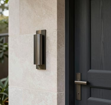 Close-up detail of a custom-built luxury home entrance in Sydney. Focus on high-quality materials like natural stone, dark wood accents in #212121, and brushed metal hardware. The lighting is precise and elegant, emphasizing the texture and build quality.