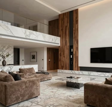Interior of a bespoke luxury custom home. Focus on high-end materials like marble and native Australian hardwoods. The lighting is sophisticated and architectural, emphasizing the craftsmanship and quality of the build. The palette includes #F5F2ED walls and #212121 accents.