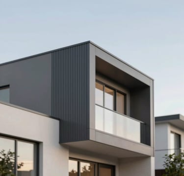 A close-up architectural detail of a modern townhouse development. Sharp angles, premium metal cladding, and innovative lighting. The style is ultra-modern and precise, using a palette of #4A5759 and #F5F2ED against a clear NSW sky.