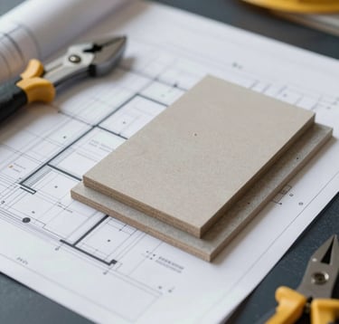Close-up detail of high-quality construction materials and architectural site plans spread over a dark surface (#212121). A focus on precision tools and material samples in #C8B8A3 and #4A5759, representing structural safety and engineering excellence.