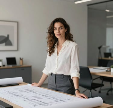 A professional portrait of a woman in her late 30s, Elara Jenkins, looking confident in a sophisticated architectural studio. She is standing near a large drafting table with blueprints. The lighting is soft and natural. The background features high-end office decor in #4A5759 slate and #F5F2ED off-white tones, reflecting an environment of precision and design excellence.
