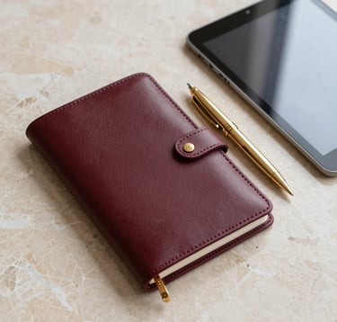 Close-up of a high-end desk setup with a luxury leather planner in bordeaux, a fine gold pen, and an elegant tablet on a beige textured marble surface. Minimalist and structured composition. European French style.