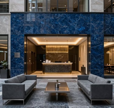 Interior photography of a premium commercial lobby in a US financial center. The composition is clean and symmetric, featuring dark blue stone surfaces, steel-gray furniture, and subtle gold lighting details.