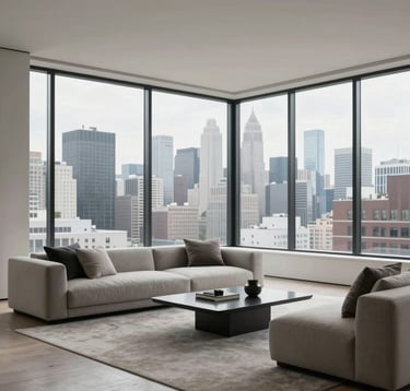 An interior shot of an elegant, minimalist penthouse living room with floor-to-ceiling windows overlooking a US city skyline. The furniture is sleek and modern in neutral tones of slate gray and off-white. The atmosphere is serene and exclusive.