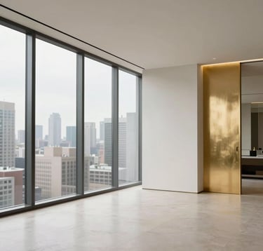 A wide-angle, minimalist photograph of a luxury penthouse interior in a North American city. The decor features Off White textures and Gold metallic details, with floor-to-ceiling windows showing a blurred cityscape in daylight.