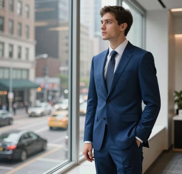 A sharp, high-end photograph of a financial professional in a steel blue suit, standing by a large window overlooking a bustling North American metropolitan street. The composition is modern and minimalist.