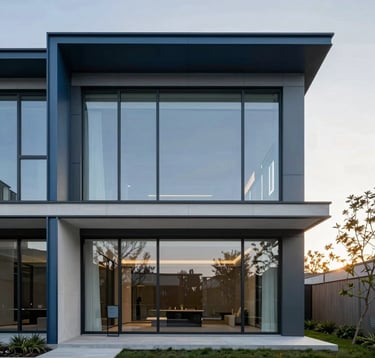 Exquisite architectural photography of a minimalist luxury residential development in a North American setting. The design features clean lines, steel blue metal accents, and expansive glass, captured in the soft, diffused light of early morning.