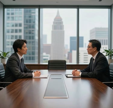 A photograph of a professional meeting between two individuals in tailored business attire, viewed from a distance in a glass-walled conference room. The setting is a premium North American office building with a view of architectural landmarks.