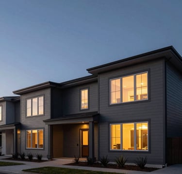 A photograph of a contemporary residential complex at dusk. The architecture is minimalistic with horizontal lines. Warm light spills from large windows, set against a Deep Blue and Slate Gray twilight sky in a US suburb.