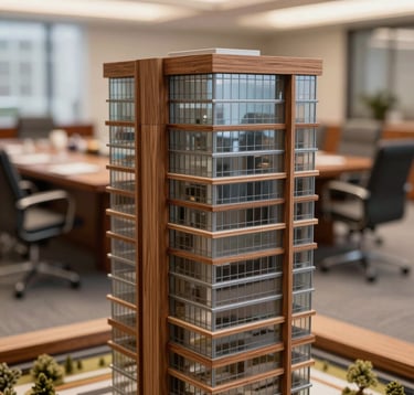 A macro photograph of a high-end architectural model of a modern office building, made of wood and glass. The background is a blurred upscale boardroom in a North American city. Lighting is soft and warm, highlighting textures of mahogany and metal.