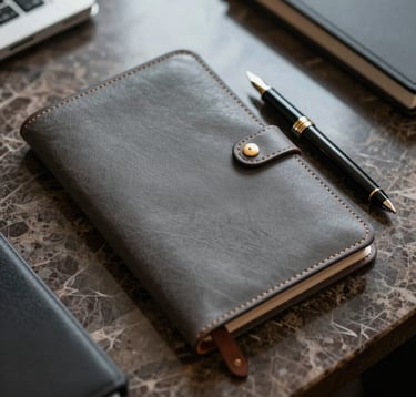 A close-up, top-down photograph of a leather-bound portfolio and a high-end fountain pen on a polished marble desk in a North American office. The scene is lit with soft, professional lighting, using a palette of Slate Gray and Gold.