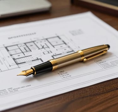 Close-up macro shot of a gold fountain pen resting on top of detailed architectural blueprints and financial charts. The background is a dark wood executive desk in a professional US office setting.