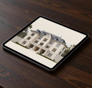 Minimalist close-up of a high-end digital tablet on a dark wood desk, displaying a sophisticated architectural layout of a Geneva mansion. Professional lighting, soft shadows, off-white and deep black color scheme.