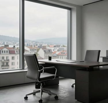 A refined, minimalist workspace in a high-ceilinged office in Geneva. A single designer chair, a clean dark desk, and a large window overlooking the city. Airy composition, quiet luxury aesthetic, soft natural light.