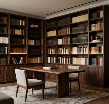 Photography of a private, elegant library in a Geneva estate, featuring dark wood, minimalist furniture, and soft golden accent lighting. Atmosphere of confidentiality and exclusive off-market luxury.