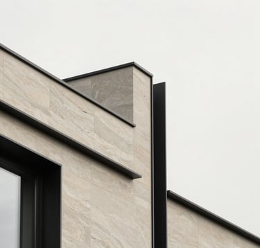 Architectural detail of a high-end residential facade in Geneva, showcasing minimalist stone textures and clean black metal lines against a bright off-white background. European / Swiss luxury style.