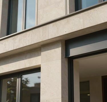 Close-up architectural detail of a high-end European residence in Geneva, focusing on the interface between off-white limestone and dark steel frames, soft natural morning light, magazine-style composition.